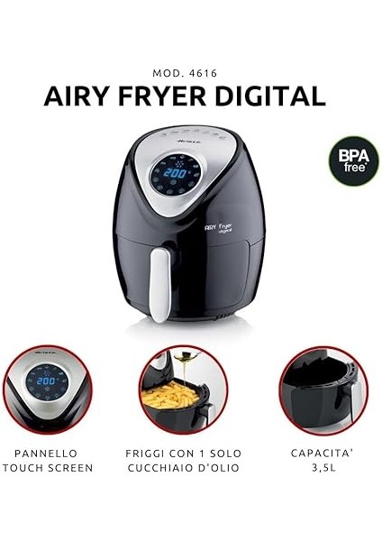 Airy Fryer Digital 4616, Sıcak Hava Fritözü 3,5 Litre, 60 Dakikalık Zamanlayıcı, LCD ve Dokunmatik Ekran, 7 Pişirme Kademeli, Maksimum Sıcaklık 200 °c, 1300 W, Siyah fiyatları