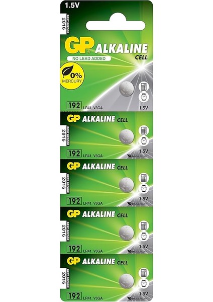 Batteries GP192 LR41/192/V3GA Boy Alkalin Düğme Pil, 1.5 Volt, 5'li Kart, Gri