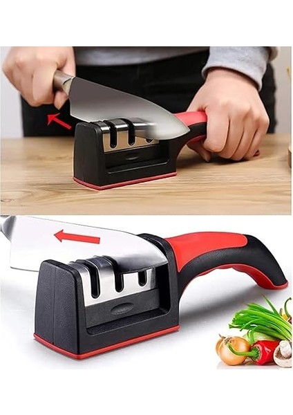 3 Aşamalı Profesyonel Bıçak Bileyici, Ergonomik Tutma Saplı, Siyah-Kırmızı fırsatları
