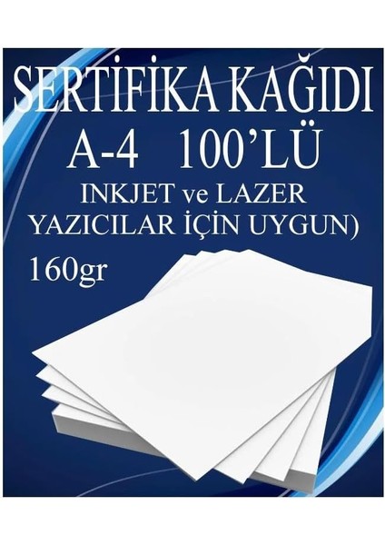 Sertifika Kağıdı Kalın 100 Adet Gramajlı Fotokopi Kağıdı 160 gr Tüm Yazıcılara Uyumlu 21X29.7 cm Kalın Baskı Kağıdı