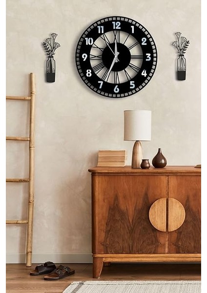 Modern Dekoratif Gümüş Aynalı Duvar Saati Vazo Desenli Tablo Seti - 48CM Yuvarlak Ahşap Pilli Saat Gümüş 48 x 48 modelleri