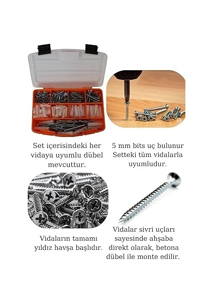All Essential Fasteners 320PARÇA 12 Çeşit Vida Seti, Dübelli Sunta Vidası Seti,matkap Ucu Bits Uç ve Takım Çantası modelleri