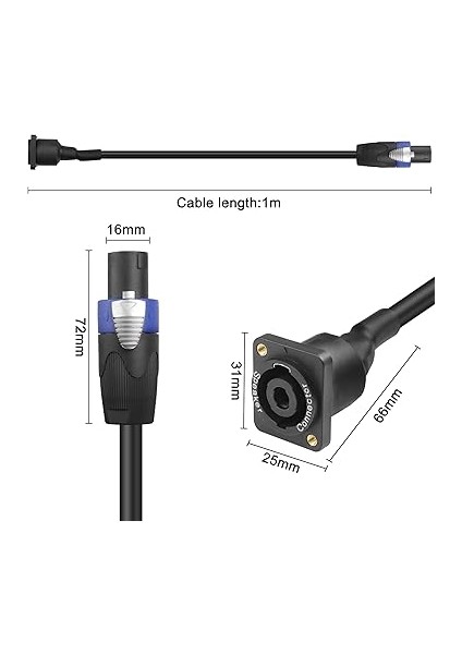 Speakon Panel Montaj Soketi Dişi - Speakon Erkek Konnektör Hoparlör Kablosu Ses Uzatma Kablosu Jack Büküm Kilidi Hoparlör Amplifikatörü Dj Sahne Için - 1M/3.28FT fiyatları