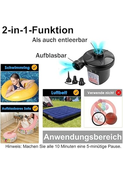 Luftpumpe Luftmatratze, 2 In 1 Luftpumpe Elektrisch Für Aufblasbar Und Ablassen, Pumpe Luftmatratze Mit 3 Düsen Für Luftmatratzen, Aufblasbarer Pool, Schwimmring modelleri