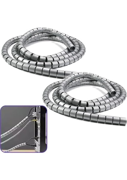 1 mt x 16 mm Spiral Boru Kablo Kanalı Kablo Fiş Düzenleyici Toplayıcı Kordon Kablo Tutucu Gri (2 Adet)