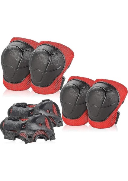 Store Koruyucu Dizlik Dirseklik El Koruyucu Set 6 Parça Bisiklet Scooter Paten Koruma 4-12 Yaş, Kırmızı-Siyah