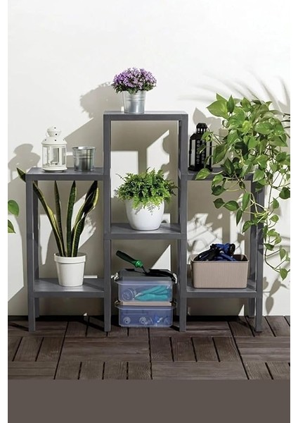 6'lı Çok Amaçlı Modüler Raf Sistemi Kitaplık, Çiçeklik, Saksılık, Saksı Standı, Antrasit modelleri
