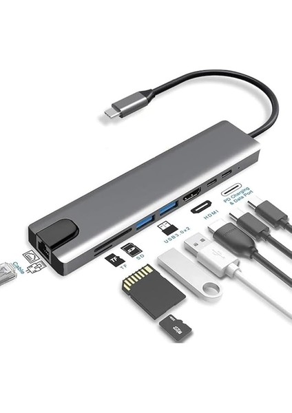 Pro Air Için USB Type-C Hub Dönüştürücü 8 In 1 Çoklayıcı - Hdmı, 2 Adet USB 3.0, 2 Adet USB C, Sd/microsd, Ethernet - Çevirici 8li Port USB C Adaptör Bağlantı Noktası Ara Kablo