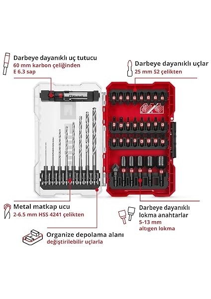 Einhell M-Case 39 Parça Darbeye Dayanıklı Bits Seti (25 mm Uçlar, Metal Matkap Uçları, 60 mm Uç Tutucu, Lokma Ucu, Havşa Dahil Saklama Kutusu) - 49108773 modelleri