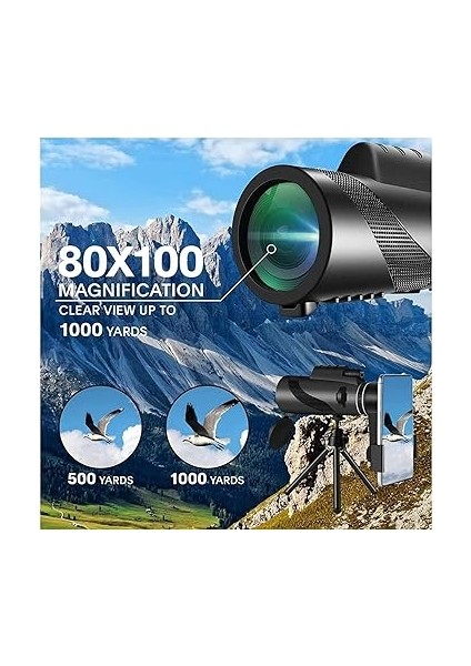 Teleskop - 80X100 Full Hd Yüksek Çözünürlük, 10 Km Görüş Mesafesi, 52 mm Objektif Lens, Gece Görüş Destekli, Telefon Tutucu ve Taşıma Çantalı, Tripodlu Profesyonel Monoküler Dürbün fiyatları