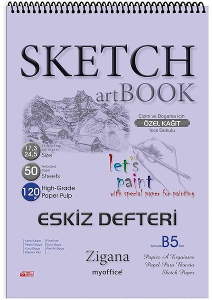 B5 Spiralli Eskiz Defteri - 50 Yp, 120 gr Çizim Bloknotu, Sanat Defteri