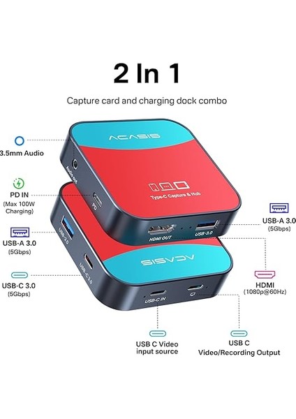 Switch Için Yakalama Kartı, Acasıs Yakalama Kartı ve Yerleştirme Istasyonu 2'si 1 Arada, Nintendo/akış/toplantı Için 1080P 60FPS Video Yakalama Kartı, 2*usb-A 3.0 (Usb C Yakalama Kartı) modelleri