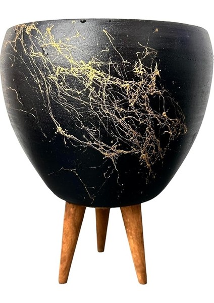Tasarımı Ev Dekorasyon Siyah Üzeri Gold Mermer Efektli Toprak Saksı Saksılık Salon Çiçeklik 3 Ayaklı - 15 cm