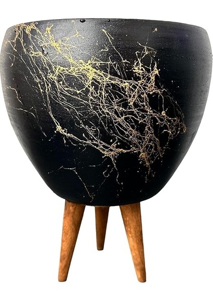 Tasarımı Ev Dekorasyon Siyah Üzeri Gold Mermer Efektli Toprak Saksı Saksılık Salon Çiçeklik 3 Ayaklı - 15 cm indirimleri