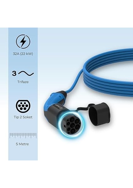 22 Kw Tip 2 Ac Elektrikli Araç Şarj Kablosu 5 Metre fiyatları