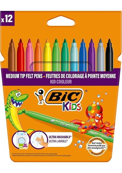 Kids Kid Couleur Ultra Yıkanabilir Keçeli Boya Kalemi 12 Renk, Kolayca Çoğu Kumaştan Çıkar, Su Bazlı Keçeli Kalem