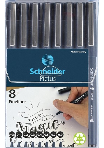 Pictus Fineliner (8 Farklı Çizgi Kalınlığı: 0,05 – 0,9 Mm) Siyah, 8'li Kutu