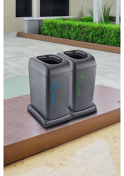 2'li Set Soft Tekerlekli Cam-Kağıt Geri Dönüşüm Kutusu 40 Lt - Antrasit, Çok Amaçlı Geri Dönüşüm Kutusu