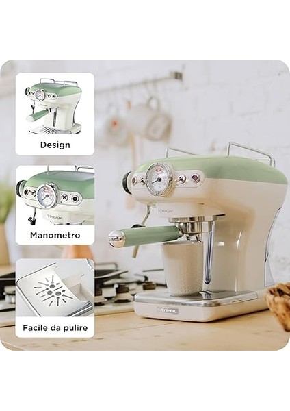 1389/14 Vintage Filtreli Espresso Makinesi, Süt Köpürtme Başlıklı, Yeşil, 900 W indirimleri