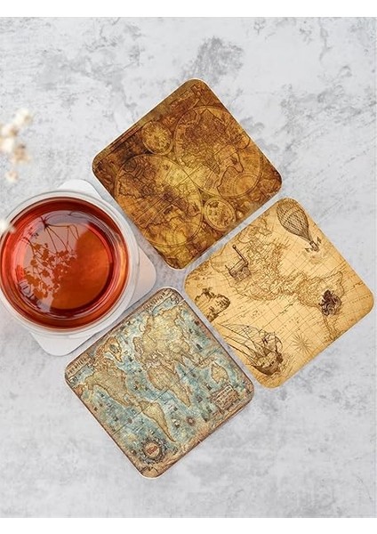 Dünya Haritası Temalı Ahşap Bardak Altlığı Ahşap Baskılı Altlık 6'lı Set (9 X9CM) KARBONNM13 fırsatları