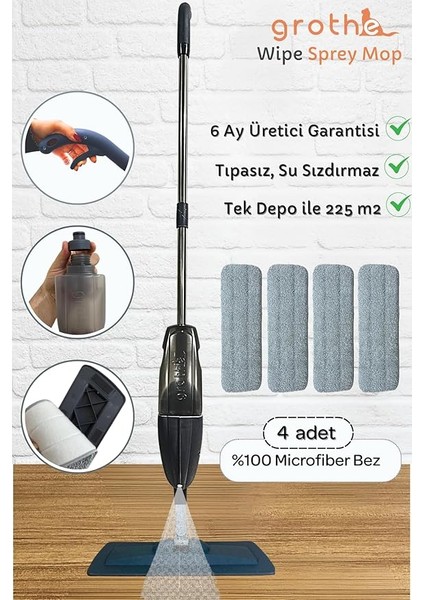 Sprey Mop Gri - Tıpasız Sistem - 4 Mop Bezli - 700 cc Su Hazneli - Üretici Garantili fiyatları