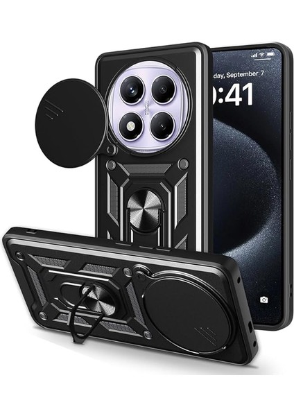 Xiaomi ile Uyumlu Redmi Note 14 Pro 4g Kılıf Magnetik Standlı Kamera Korumalı Zore Sürgülü Vega Kapak Siyah