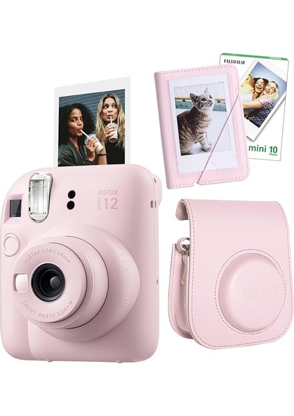 Mini 12 Fotoğraf Makinesi-10'lu Film-Mini Albüm ve Deri Kılıf Seti (Pembe)