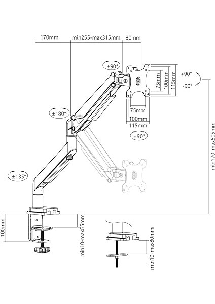 Monitör Tutucusu - Kelepçe &amp; Gaz Basınçlı Yay - 1 Monitör - 32 Inçe Kadar - Vesa 75X75, 100X100 - Siyah modelleri