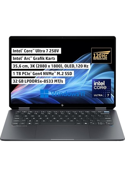 Omnibook Ultra Flip X360 Laptop, 14 Inç 2.8k 2880X1800 OLED 400 Nits 120 Hz Dokunmatik/touchscreen, Intel® Core™ Ultra 7 258V, 32 GB Ram, Intel Arc Graphics, 1 Tb Ssd, Windows 11, B46ZFEA