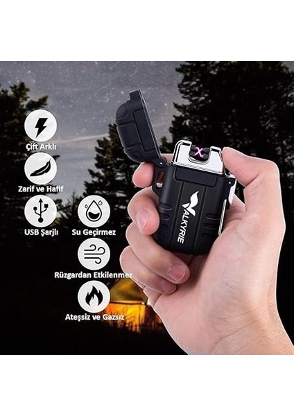 Su Geçirmez Şarjlı USB Çakmak Çift Ark Gazsız Plazma Elektrikli Alevsiz Çakmak Siyah modelleri
