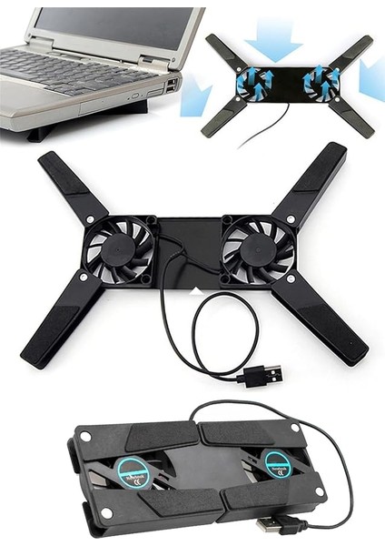 Ultra Küçük Katlanabilir Dizüstü Bilgisayar Soğutucu, Şık Tasarım, 2 Fan, USB Bağlantılı, Siyah Plastik Ayaklar