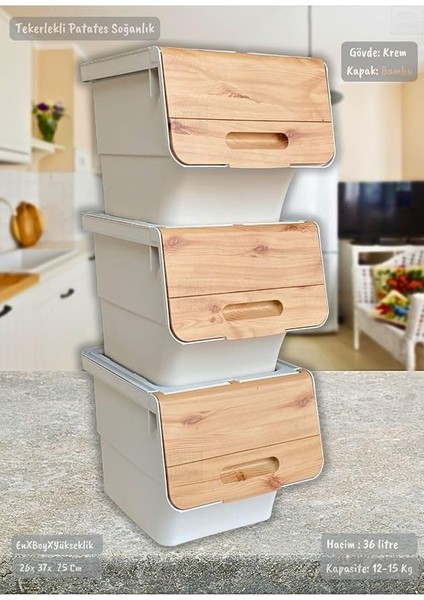 Home 3'lü Bambu Renk Tekerlekli Patateslik Soğanlık Oyuncak Kutusu Patates Soğan Sepeti Motek 12 Lt