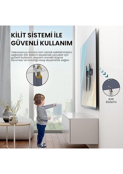 TV-4065 Televizyon Duvar Askı Aparatı, 40"-65" Inç (102-165CM) Vesa 400X400-600X400-600X500 Max 50KG/110LBS-KILITLI Sistem-Sarsılmaz-Depreme Karşı-Çocuk Kilitli - Kavisli/curved Uyumlu modelleri