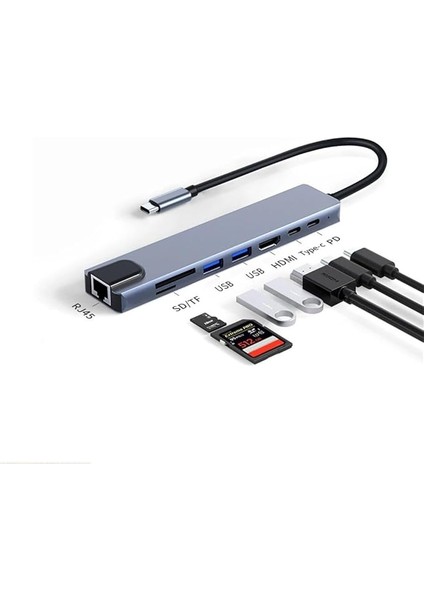 Cf-04 Macbook Uyumlu Type-C™ To 4K HDMI Tv Projeksiyon UHD 1080P 2* Type-C 2* USB Sd/tf RJ45 Ethernet Lan 8ın1 Çevirici Hub Adaptör