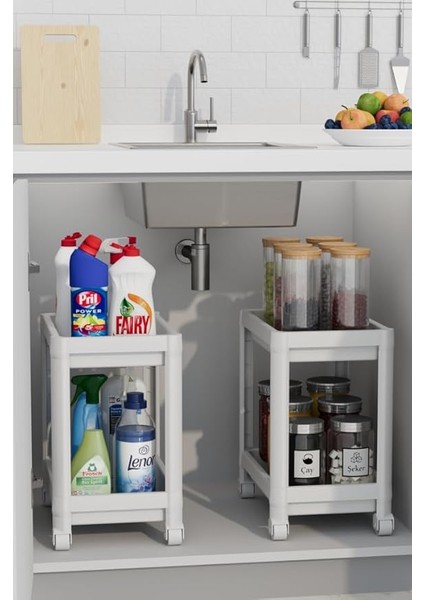 Life 2 Adet 2 Katlı Tekerlekli Tezgah Altı Beyaz Banyo Mutfak Rafı MIT1120