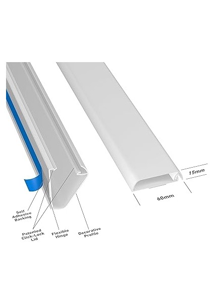 Tv Kablo Kanalı, Televizyon Kablosu Düzenleyici, Boyanabilir ve Boyanabilir, Kendinden Yapışkanlı, Menteşeli Tek Parça Tasarım, 1 x 60 mm (G) x 15 mm (Y) x 40 cm Uzunluk - Beyaz modelleri