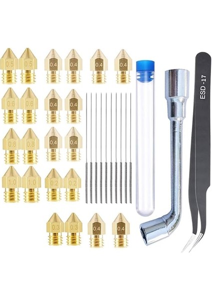 22 Adet 3D Yazıcı Nozulları Mk8 Nozul Ekstruder Baskı Kafası, 0.4 mm 10 Adet, 0.2mm 0.3mm 0.5mm 0.6mm 0.8mm 1.0mm Her 2 Adet, Temizleme Kiti-1 Cımbız, 1 Nozul Anahtarı, 10 Paket 0.35 mm