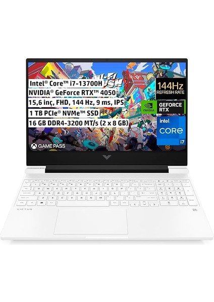 Victus Gaming Dizüstü Bilgisayar, 15,6 Inç Fhd IPS 144 Hz 9 Ms, Intel Core I7-13700H, 16 GB Ram, Nvıdıa Geforce Rtx 4050 6 Gb, 1 Tb Ssd, Freedos, Seramik Beyaz, 7N9U8EA