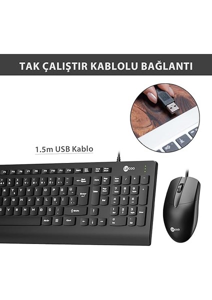 CM103 USB Kablolu Win/mac Uyumlu Sıvı Dökülmesine Dayanıklı Sağ ve Sol Elle Kullanıma Uygun Qwerty Türkçe Dizilim Tam Boyutlu 1000DPI Optik Kompakt Fare Türkçe Q Klavye &amp; Mouse Set Siyah modelleri