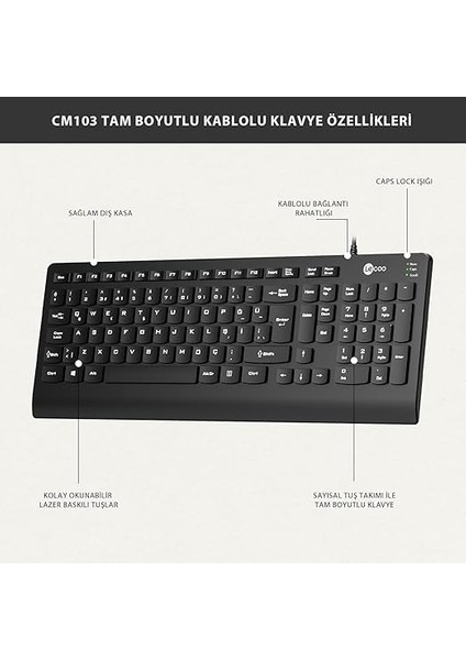 CM103 USB Kablolu Win/mac Uyumlu Sıvı Dökülmesine Dayanıklı Sağ ve Sol Elle Kullanıma Uygun Qwerty Türkçe Dizilim Tam Boyutlu 1000DPI Optik Kompakt Fare Türkçe Q Klavye &amp; Mouse Set Siyah indirimleri