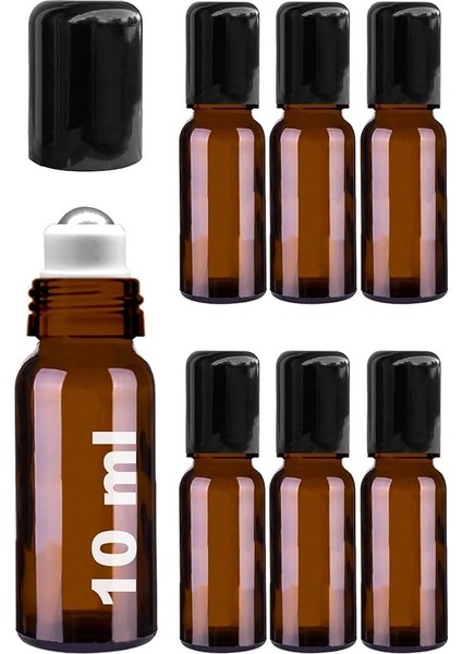 10 ml Çelik Roll On Şişesi 10 cc Sızdırmaz Siyah Kapaklı Cam Şişe 6 Adet (Amber, 10)