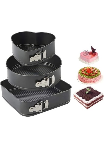 Çelik 3 Parça 22-24-26CM Kalp Yuvarlak Kare Kelepçeli Kek Kalıbı CIN798SY