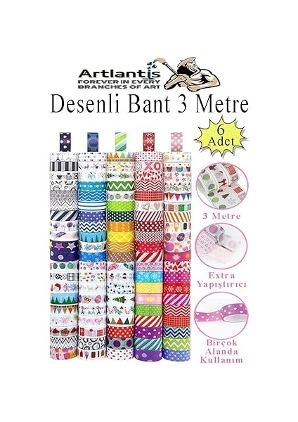 Desenli Bant 6 Adet 18MM x 3 Metre Dekoratif Desenli Bant Farklı Renklerde Gönderim Yapılmaktadır Desenli fiyatları