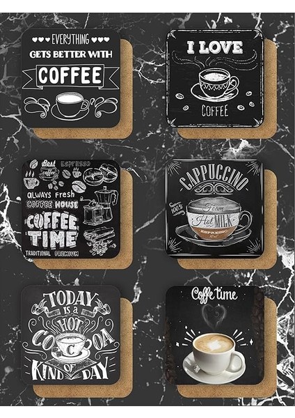 Siyah Kahve/coffee Temalı Bardak Altlığı Ahşap Baskılı Altlık 6'lı Set (9 X9CM) KARBONNM43 modelleri