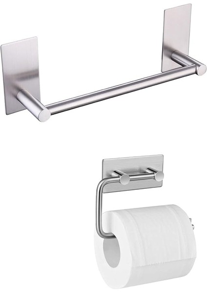 Paslanmaz Çelik 30CM Havluluk ve Tuvalet Kağıtlığı Set - Inox - Kendinden Yapışkanlı