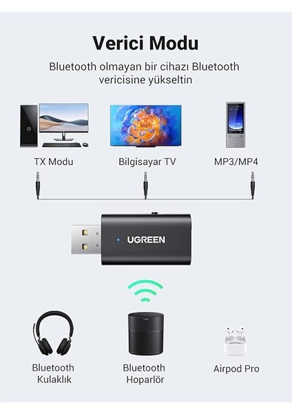 5.1 Bluetooth Adaptörü 2'si 1 Arada Bluetooth Verici ve 3.5mm Ses Kablolu Alıcı 1m. modelleri