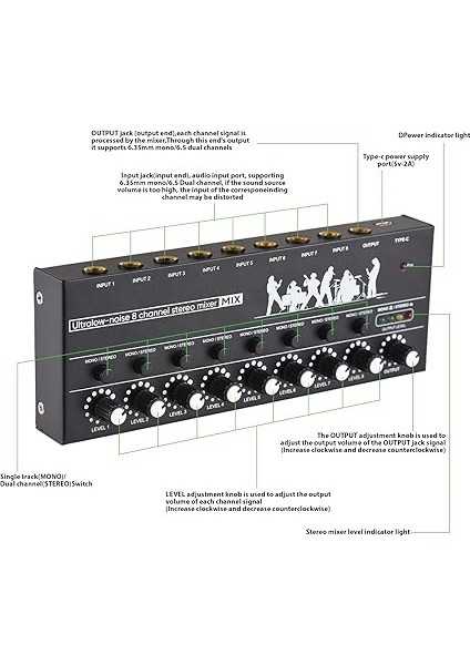 Kanal Ses Mikseri Mono/stereo Anahtarlama Ses Mikseri Seviye Göstergesi Işığı ile 6.35MM Trs/ts Giriş Metal Demir Kabuğu Tip-C Ses Işlemci Karıştırıcı Gitar Bas Için Bağımsız indirimleri