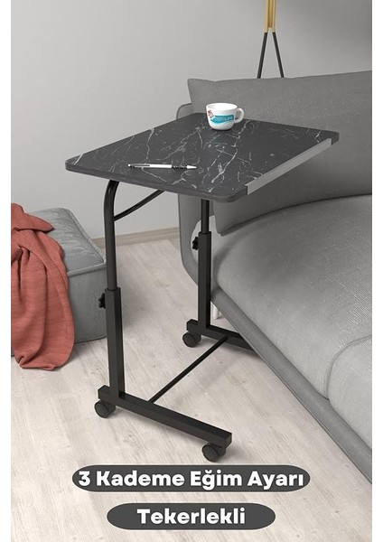 Eğim Yükseklik Ayarlı Laptop Sehpası Kahvaltı Ders Çalışma Bilgisayar Masası Metal Ayak Tekerlekli