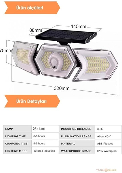 254 Ledli Hareket Sensörlü Solar Projektör Güneş Enerjili LED Bahçe Lambası Şarj Olan modelleri