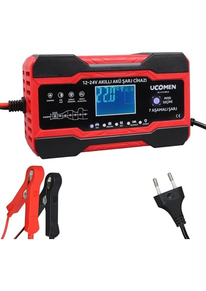 10A LED Göstergeli Akü Şarj Cihazı, Jel Asitli Sulu Kuru Kurşun Akülere Uygun, Takviye Yapamamaktadır, Kırmızı, Ucomen,